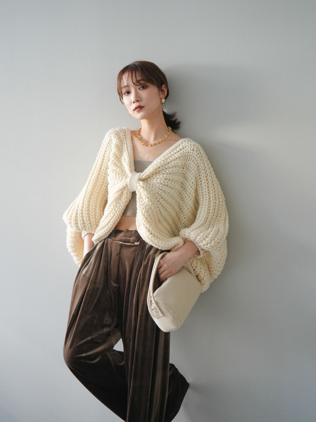 [SET]ローゲージ畦編みドルマンニットボレロ+ベロアベルトスリムパンツ(2set)