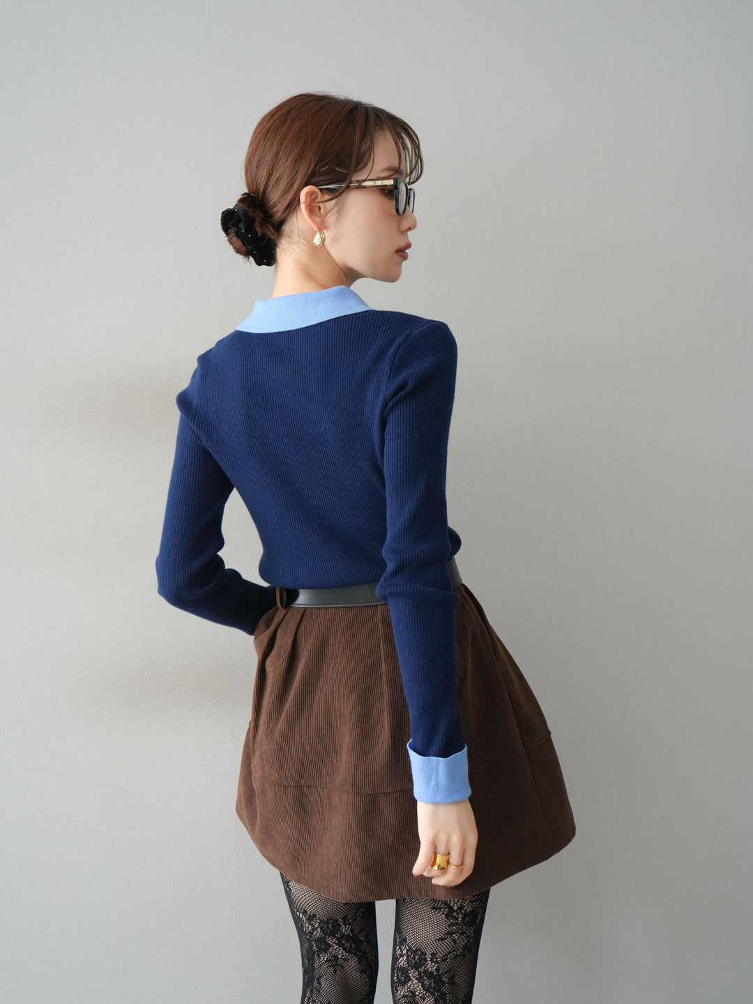 [予約]ニットカフス襟付き配色リブニットトップス/navy