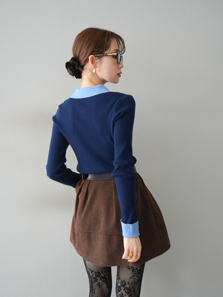 [予約]ニットカフス襟付き配色リブニットトップス/navy