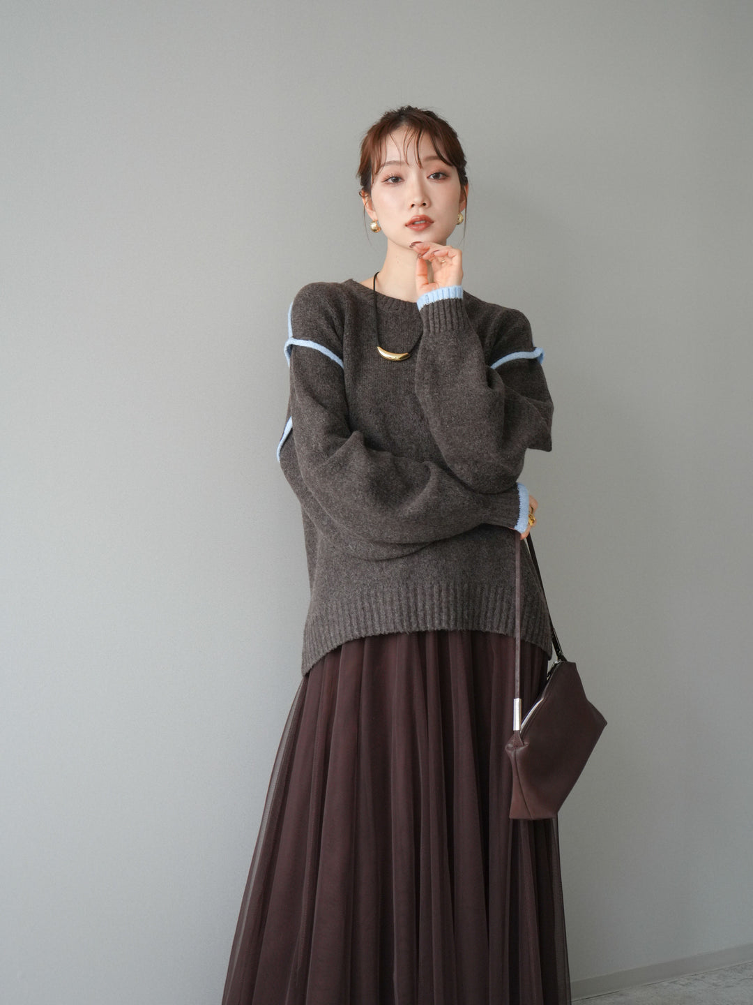 [予約]バイカラーパイピングニットプルオーバー/brown