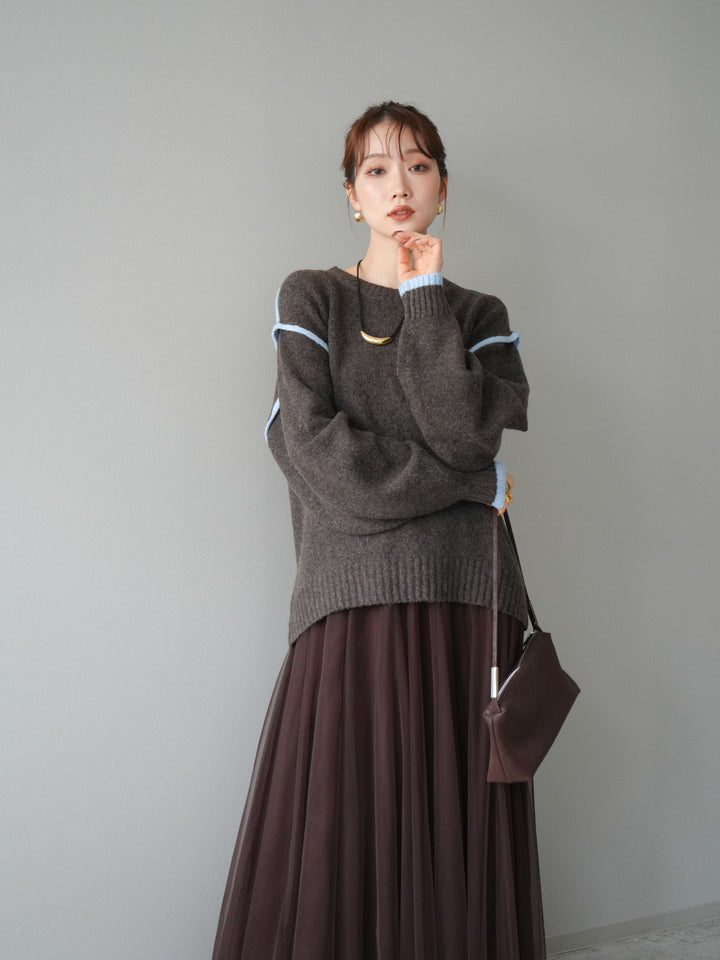 [予約]バイカラーパイピングニットプルオーバー/brown