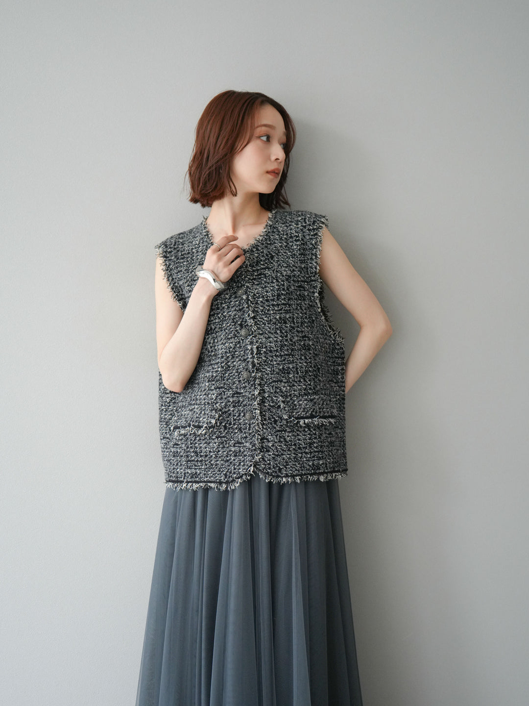 [予約]ミックスツイードフリンジニットベスト/ブラック