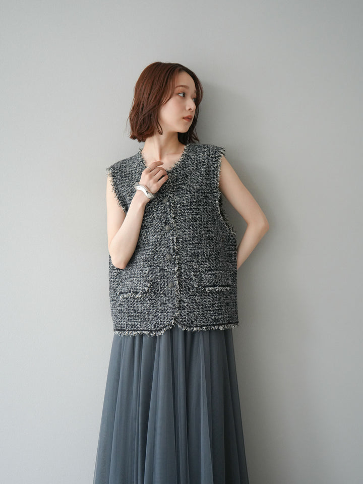 [予約]ミックスツイードフリンジニットベスト/ブラック