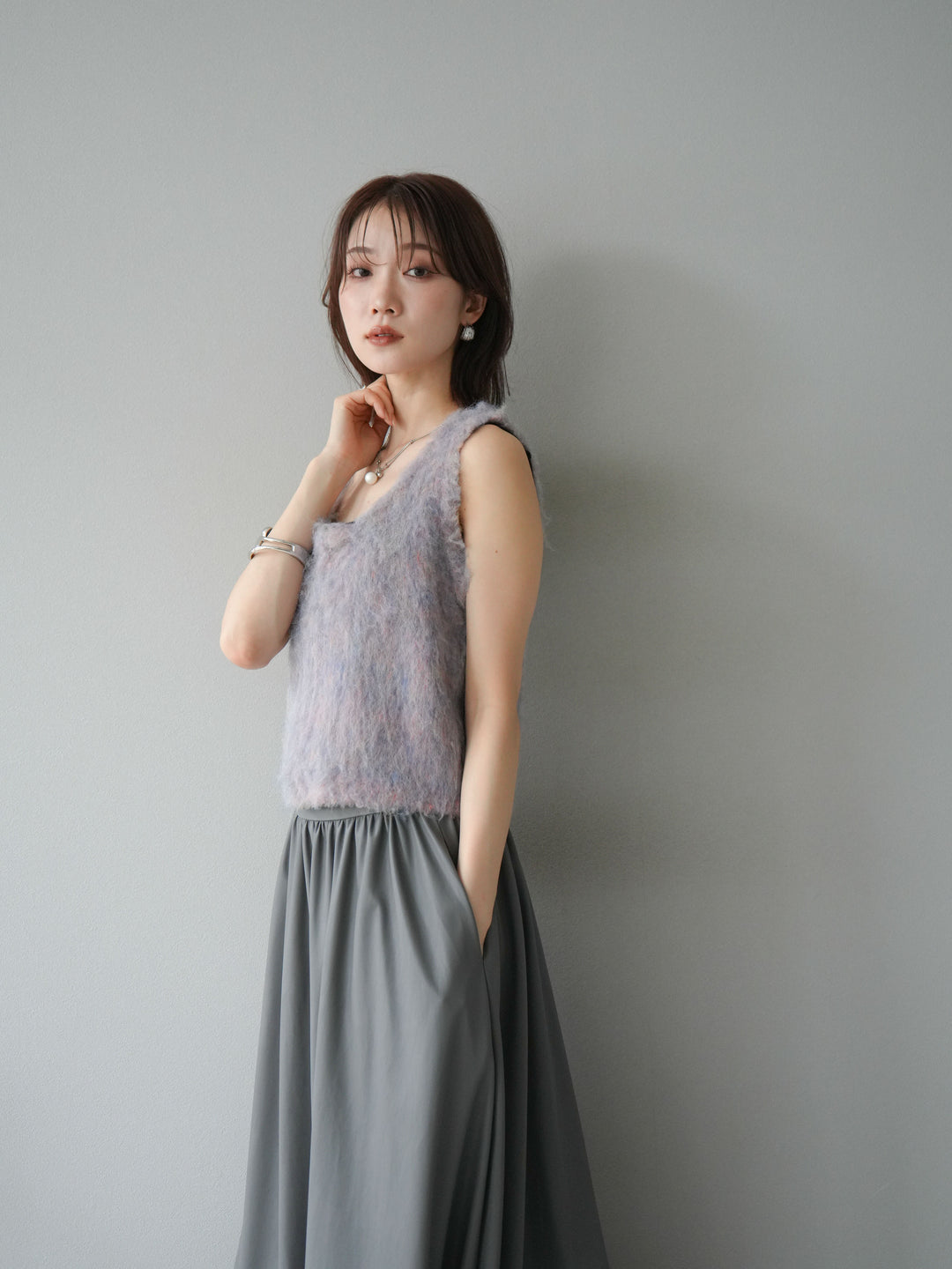 [予約]ミックスシャギーUネックベスト/パープル