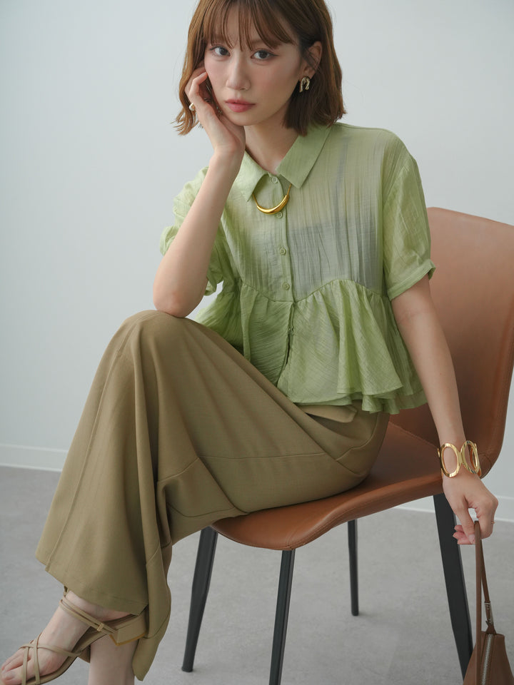 [SET]楊柳ペプラムシアーハーフシャツ+クレープデシンフラップ付きストレートスカート(2set)