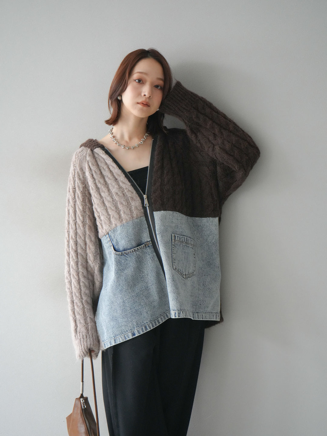 [予約]デニム×バイカラーニットZIPフーディ/brown