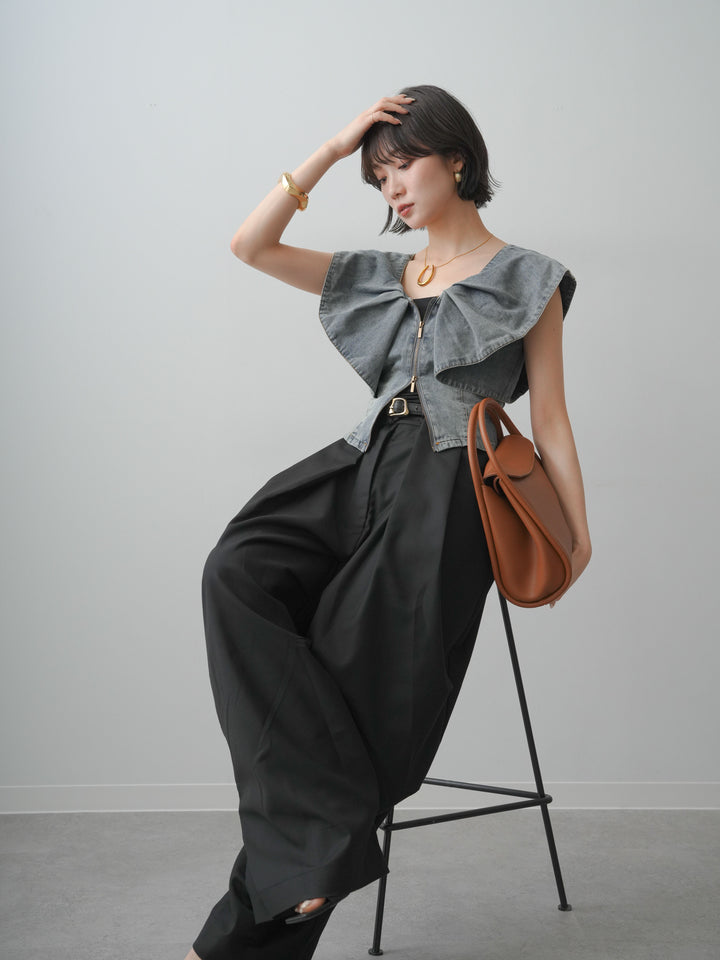 [SET]フロントジップフリルカラーデニムトップス+ショルダータックノースリーブオーバーTEE+ベルトループカーブタックワイドパンツ(3set)