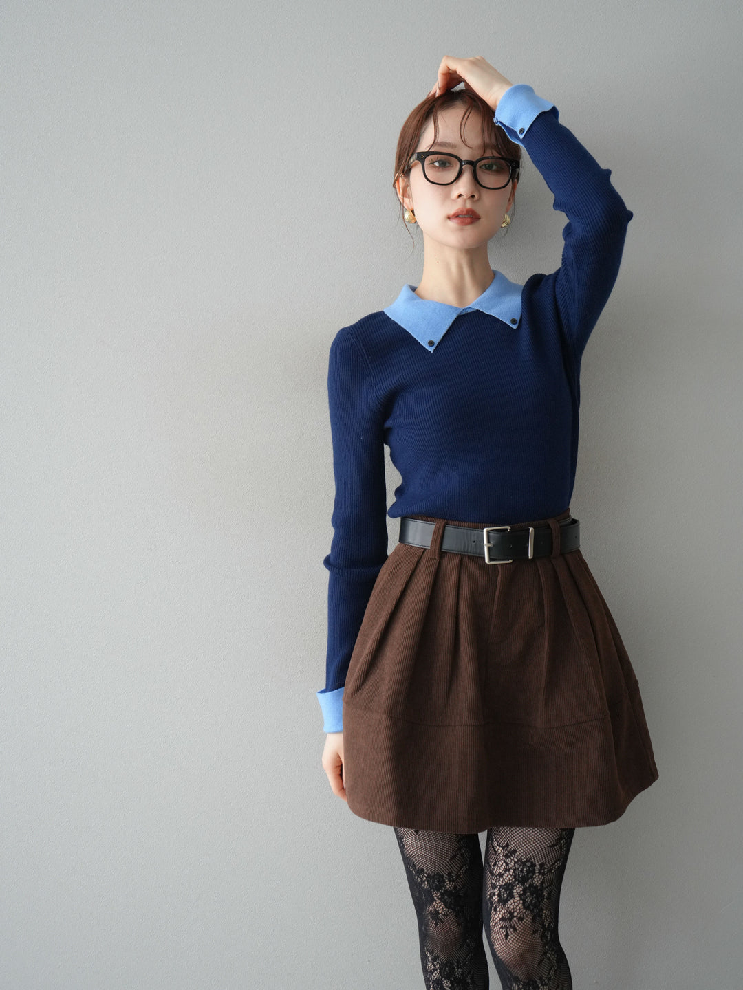 [予約]ニットカフス襟付き配色リブニットトップス/navy