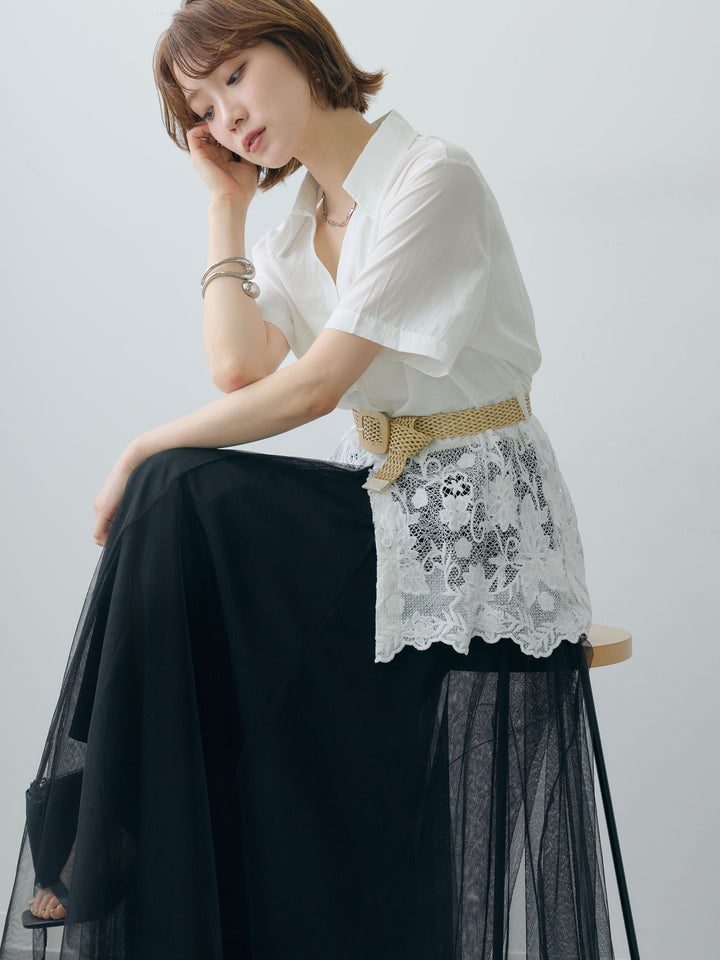 [予約]ベルト付レースドッキング半袖シャツブラウス/white