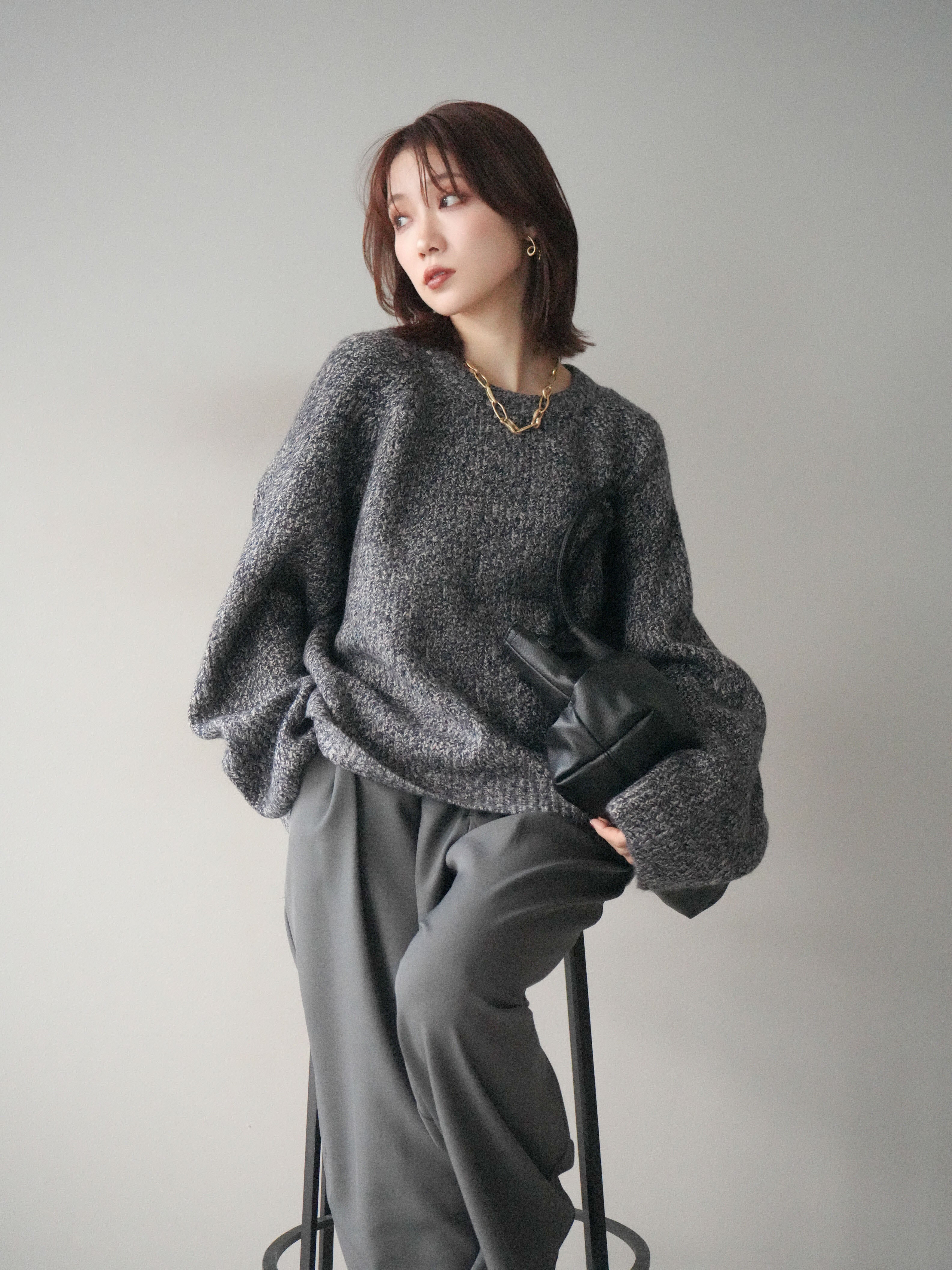 予約]クルーネック畦編みミックスニット/navy – Lumier