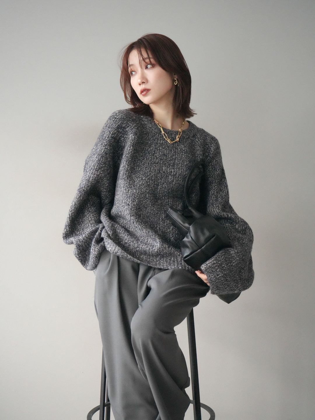 [予約]クルーネック畦編みミックスニット/navy