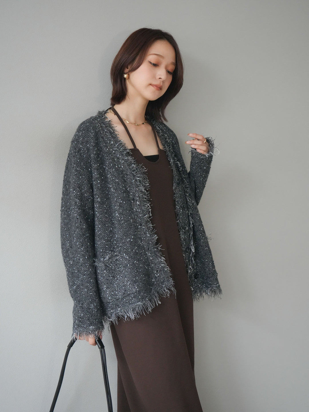[予約]ネップフリンジニットカーディガン/ gray