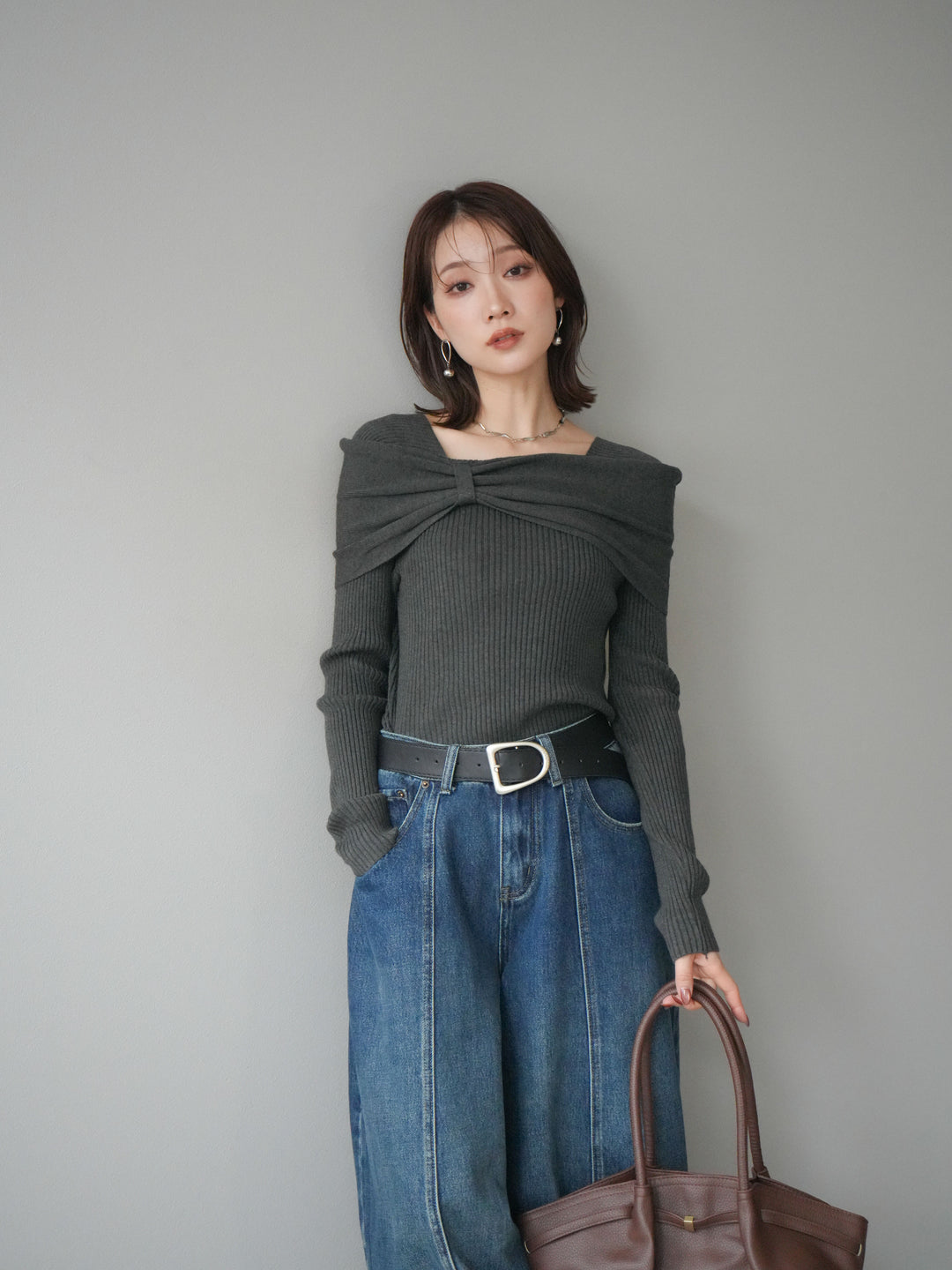 [予約]リボンモチーフオフショルリブニットトップス/gray
