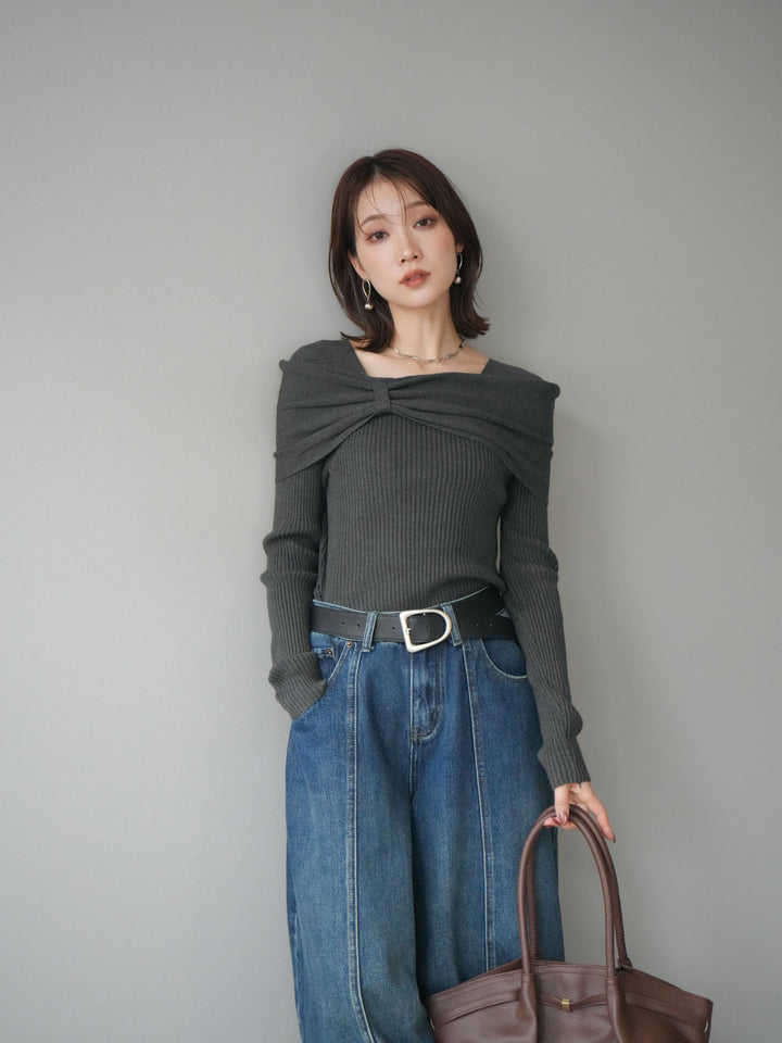 [予約]リボンモチーフオフショルリブニットトップス/gray