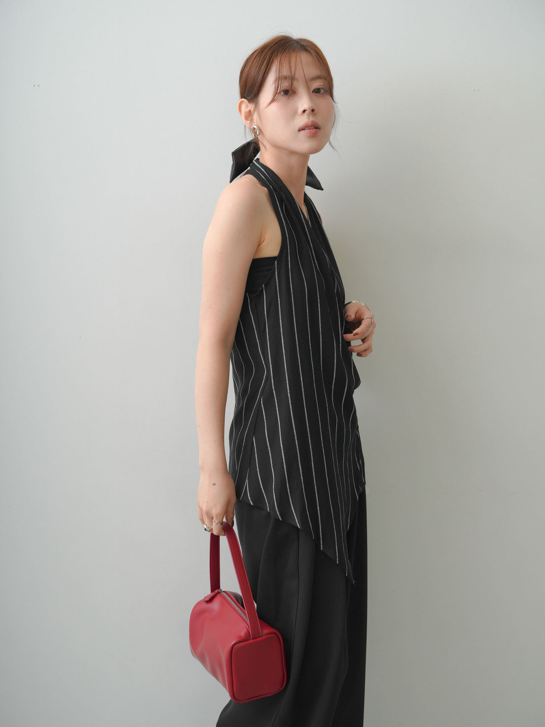 [SET]ストライプカシュクールジレ+クレープデシンタックワイドパンツ(2set)