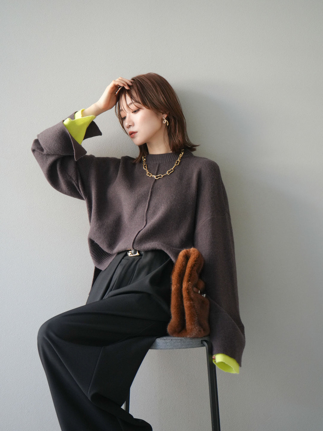 [予約]袖レイヤード配色ニットプルオーバー/brown