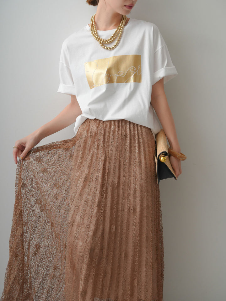 [SET]箔プリントボックスTEE+フローラルレースプリーツスカート(2set)