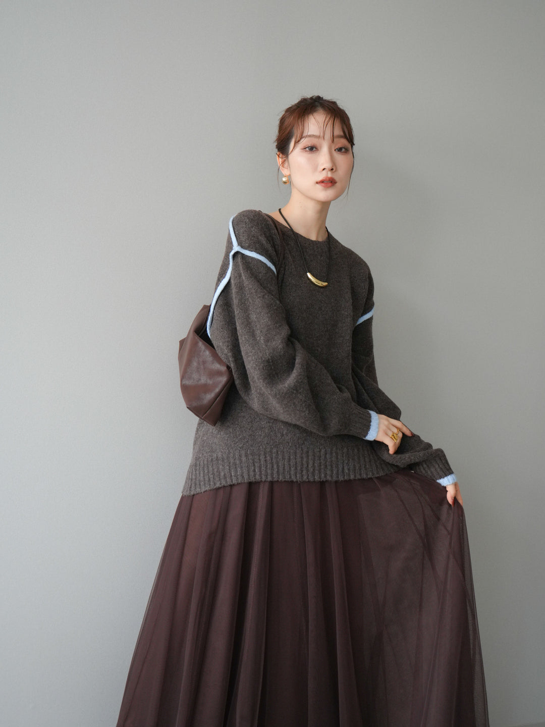 [予約]バイカラーパイピングニットプルオーバー/brown