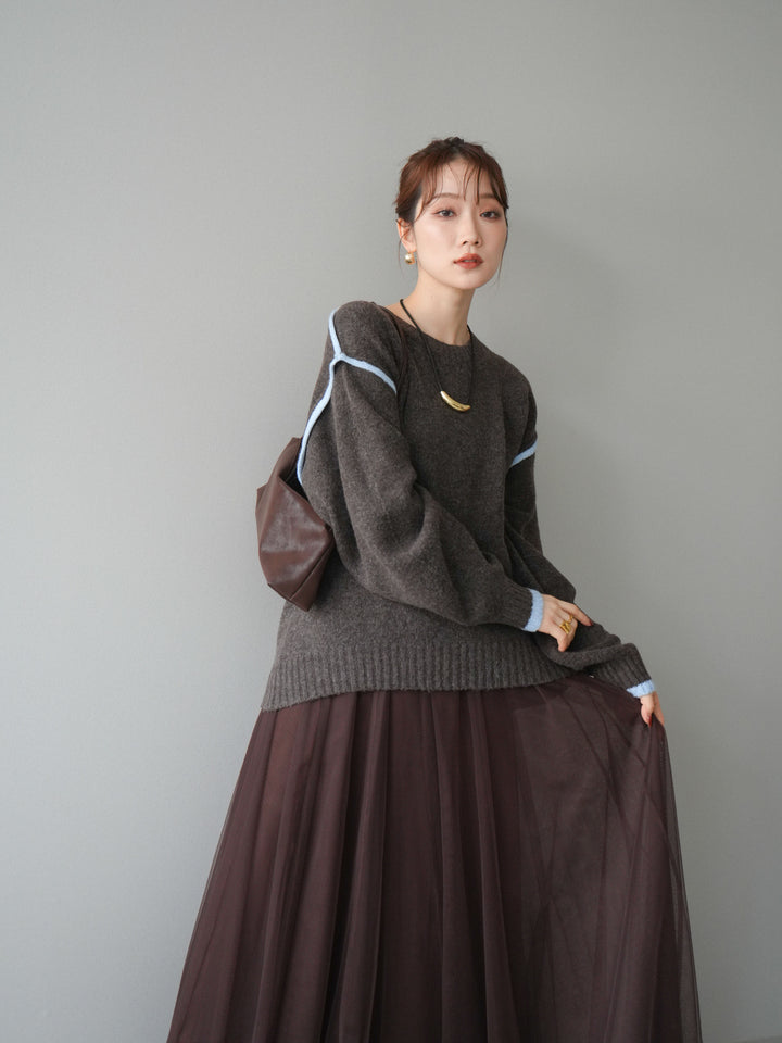 [予約]バイカラーパイピングニットプルオーバー/brown