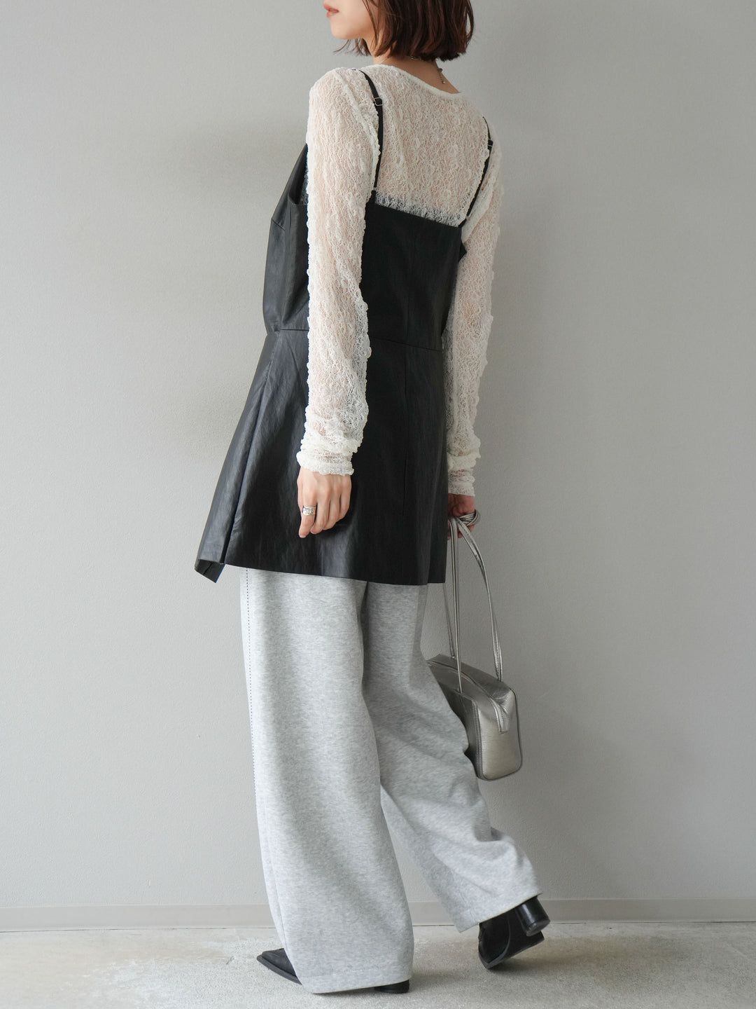 [予約]レイヤードレザーキャミソールチュニック/ブラック