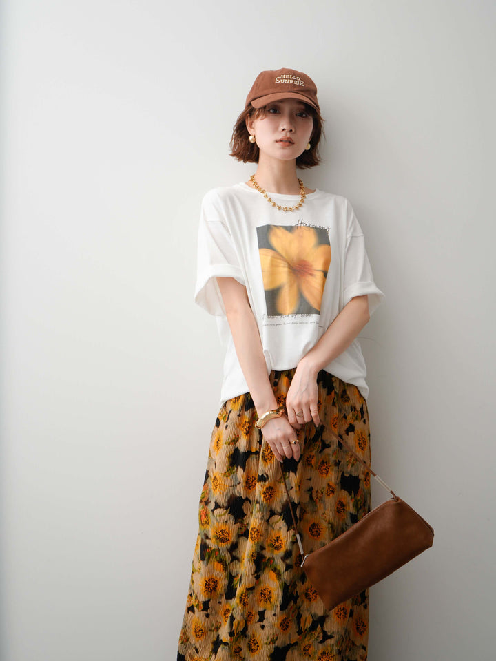 【着回しセット】フラワーフォトTEE+フラワープリントドレープタックパンツ+フラワープリントIラインギャザースカート(3set)