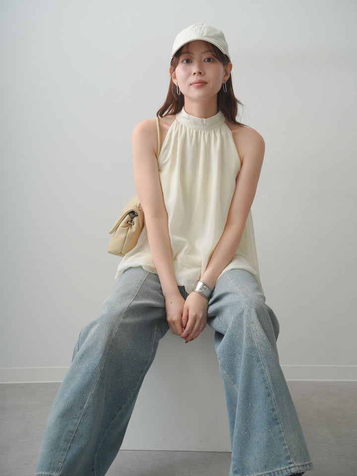 [SET]シフォンアメスリバルーンブラウス+フロントビジューカーブデニムパンツ(2set)
