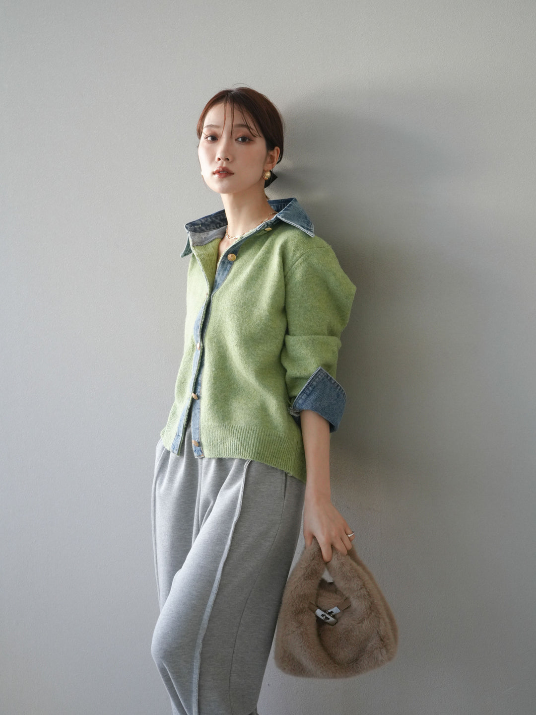 [予約]デニム襟ボタンニットカーディガン/pistachio