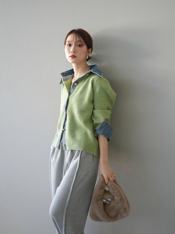[予約]デニム襟ボタンニットカーディガン/pistachio