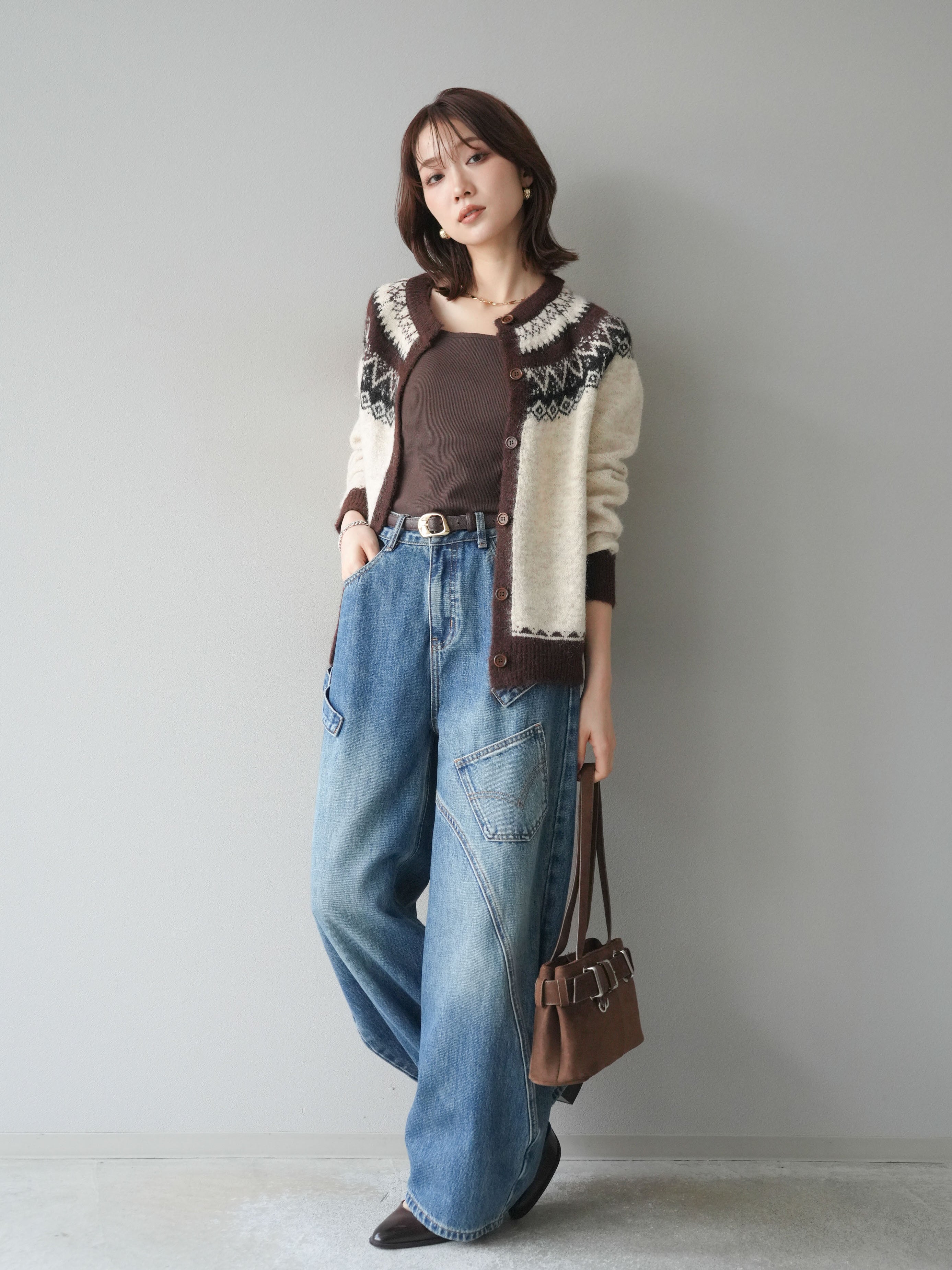 SET]ノルディック柄ニットカーディガン+ペインターカーブデニムパンツ