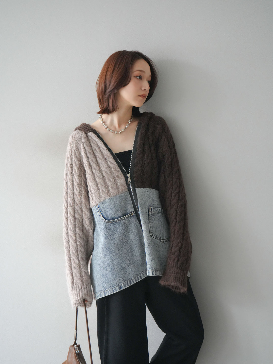 [予約]デニム×バイカラーニットZIPフーディ/brown