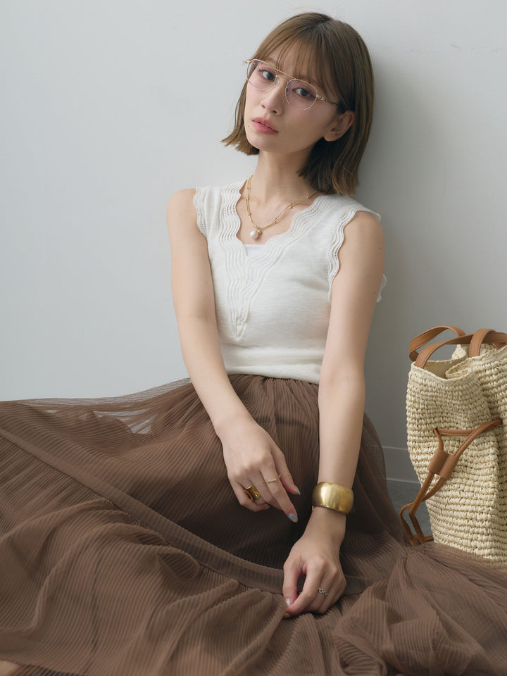 [SET]カーブデザインリブニットタンクトップ+チュールボリュームスカート(2set)