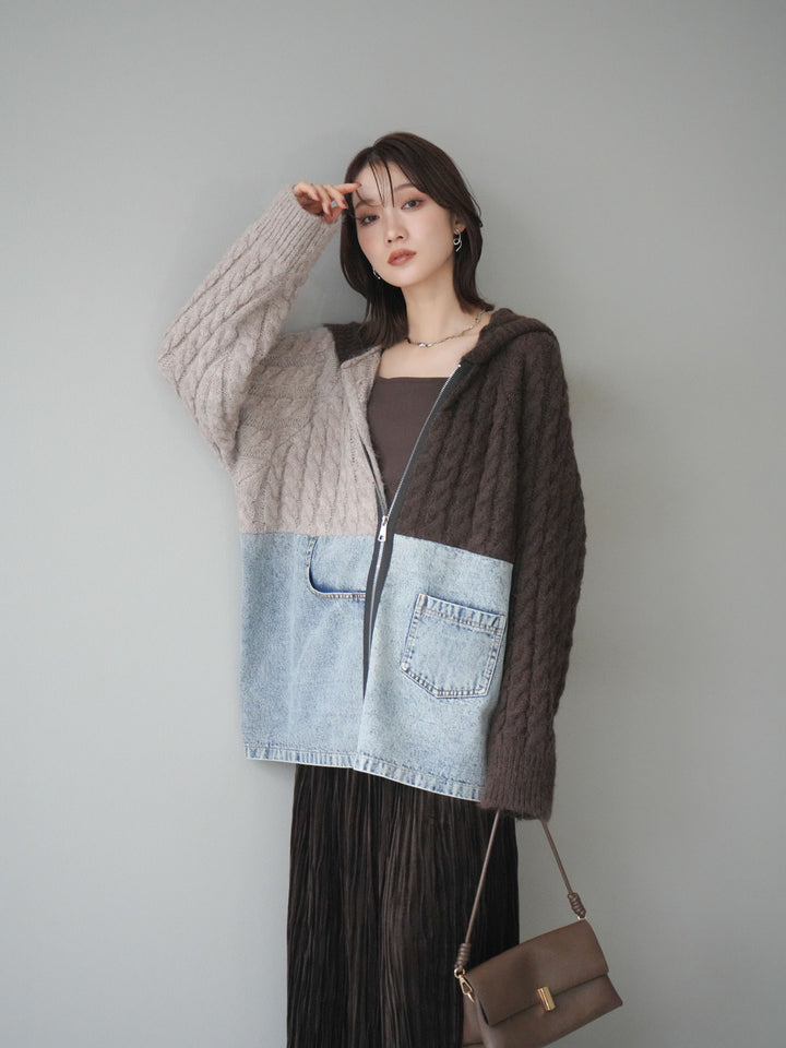 [予約]デニム×バイカラーニットZIPフーディ/brown