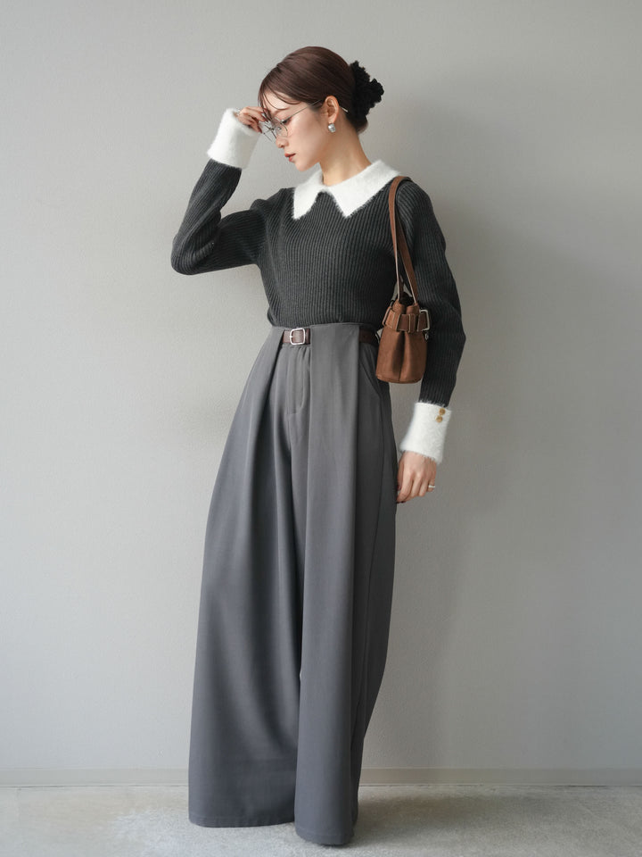[SET]シャギー襟リブニットトップス+ベルトループデザインワイドパンツ(2set)