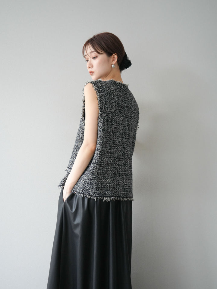 [予約]ミックスツイードフリンジニットベスト/ブラック