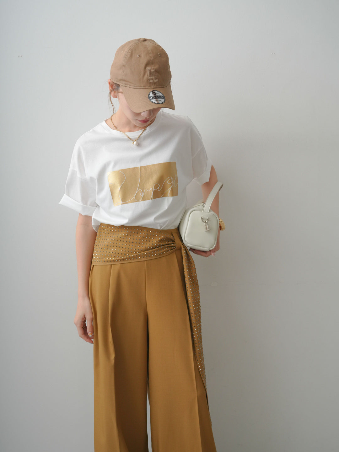 [SET]箔プリントボックスTEE+ビジューベルトタックワイドパンツ(2set)