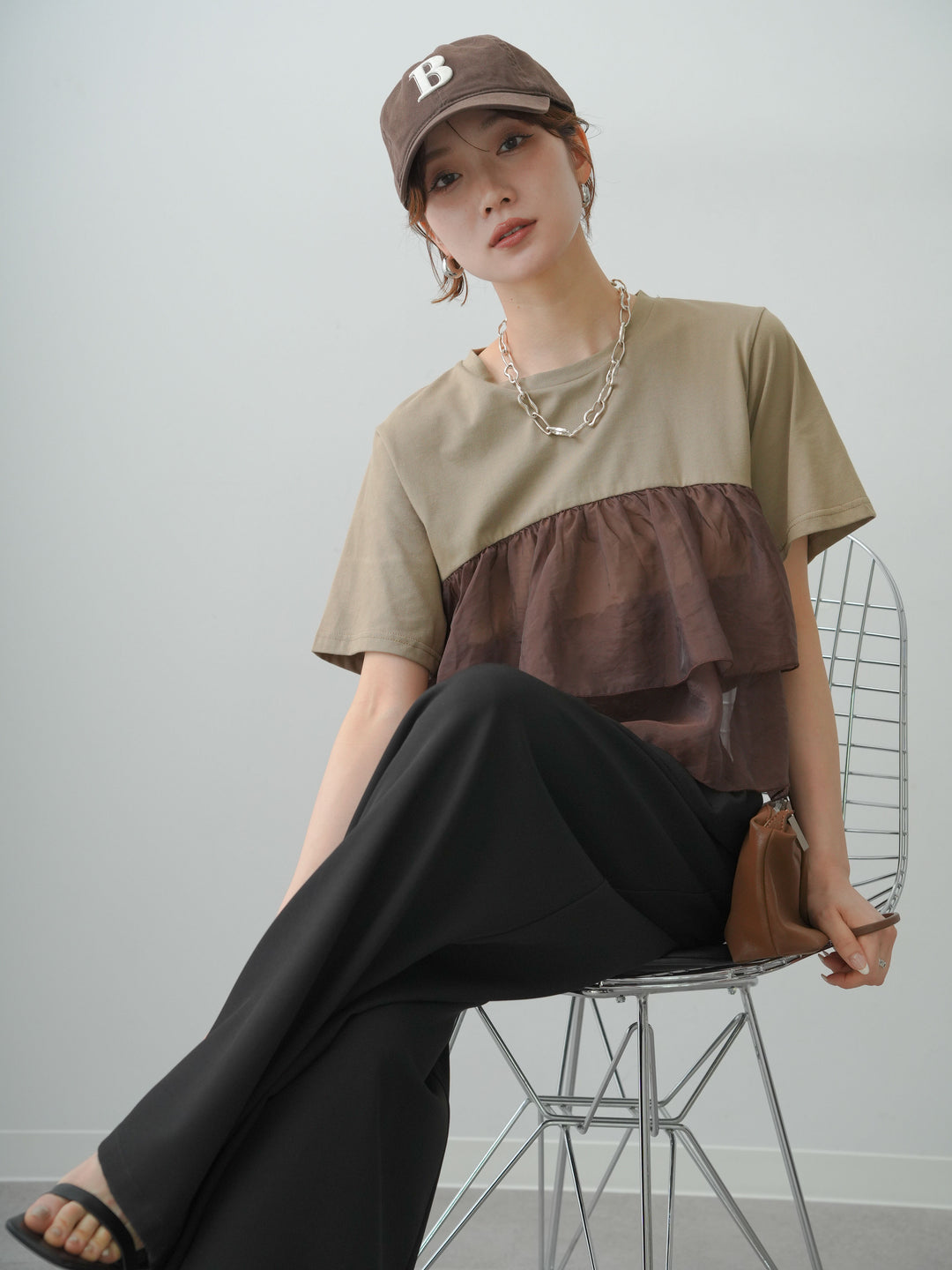 [予約]オーガンジーフリルドッキングTEE/olive