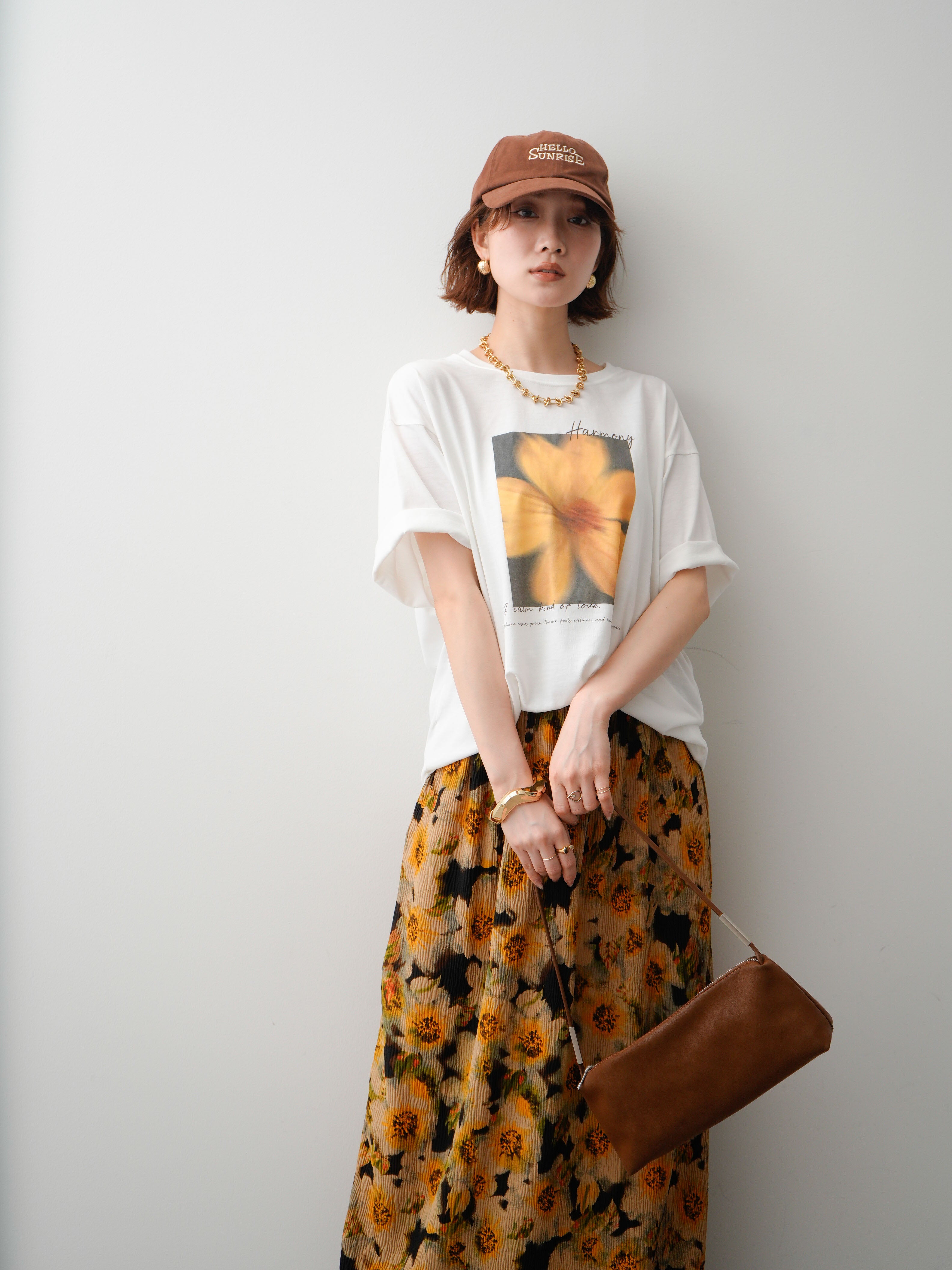 SET]フラワーフォトTEE+フラワープリントIラインギャザースカート(2set