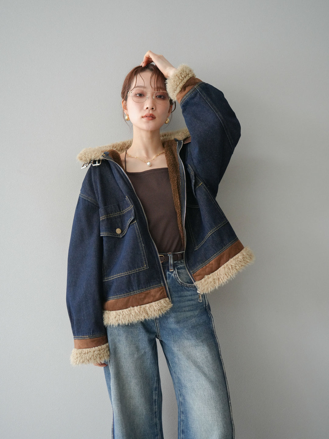 [予約]スタンドカラーファー×デニムジャケット/indigo