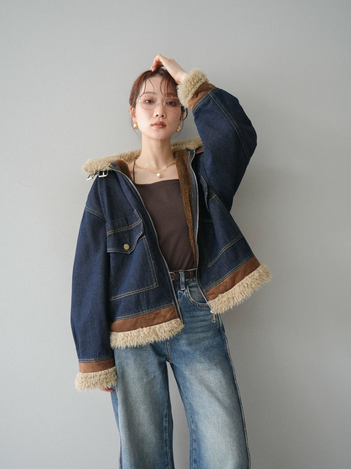 [予約]スタンドカラーファー×デニムジャケット/indigo