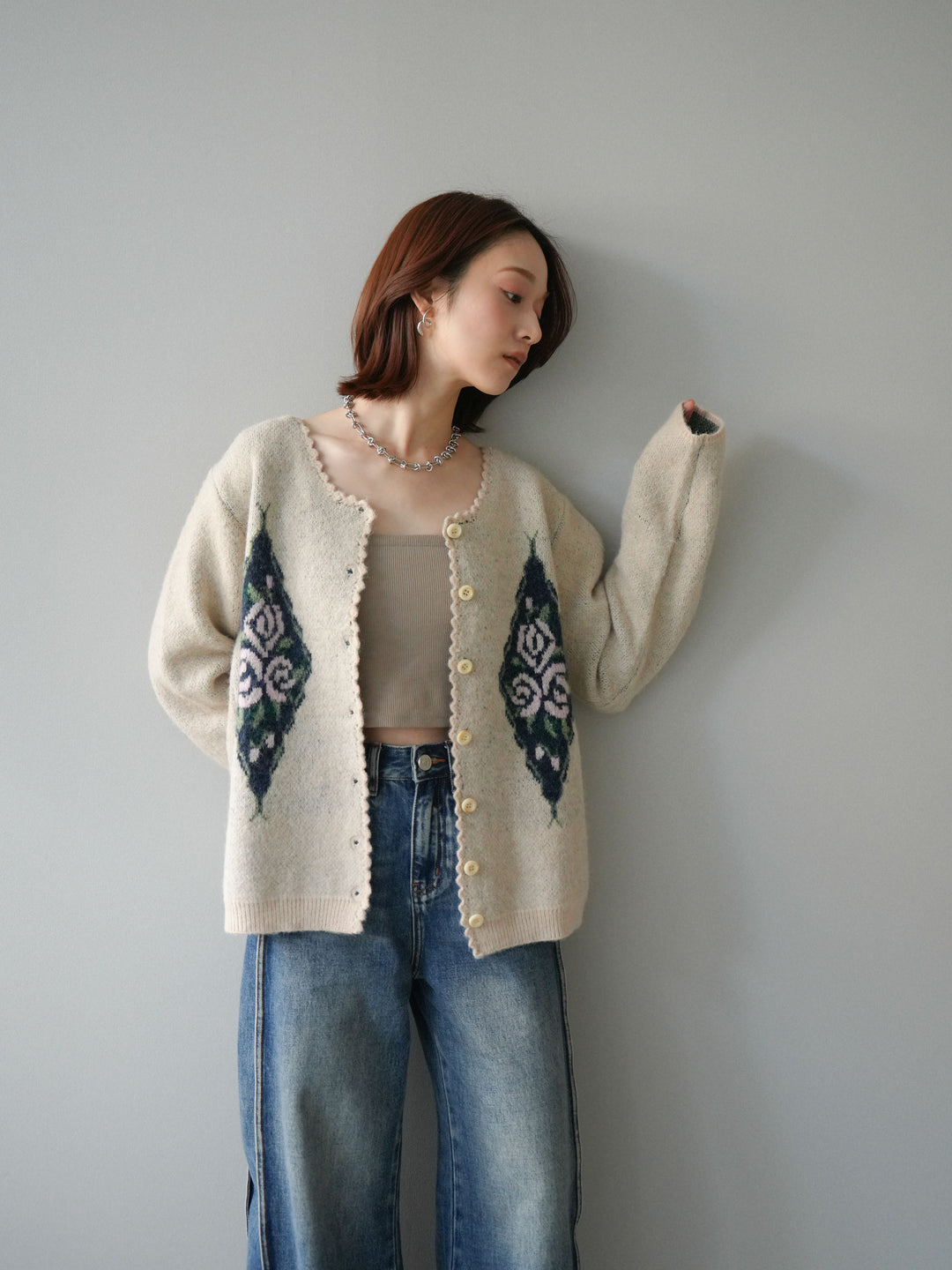 [予約]アンティークフラワージャガードニットカーディガン/ivory