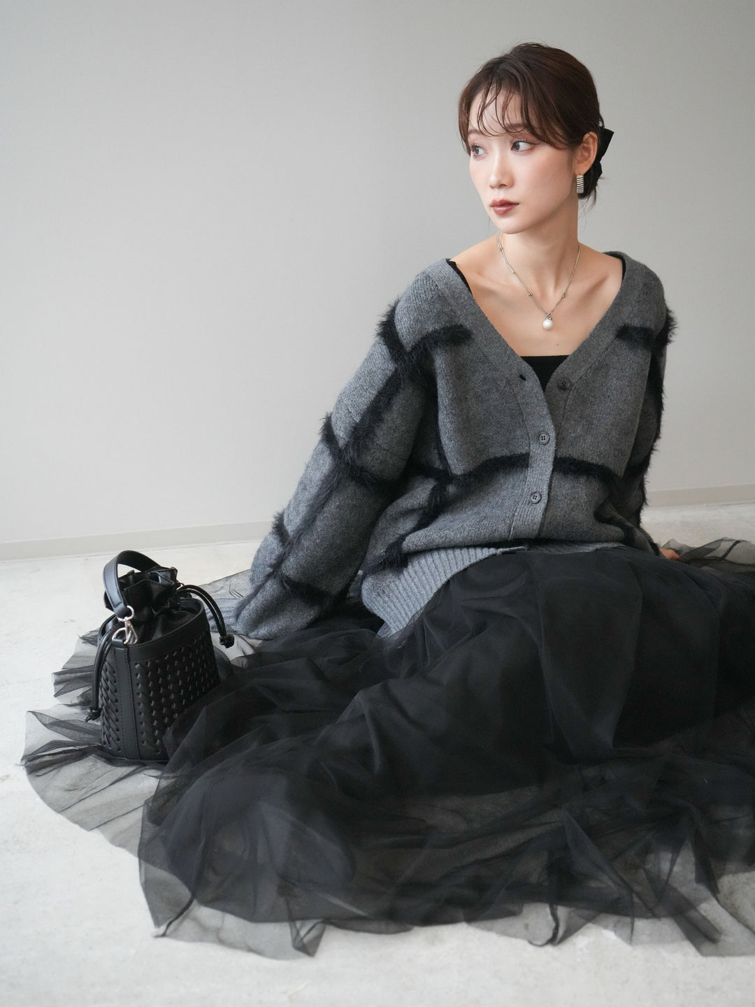 [予約]ミックスシャギーチェックカーディガン/charcoal