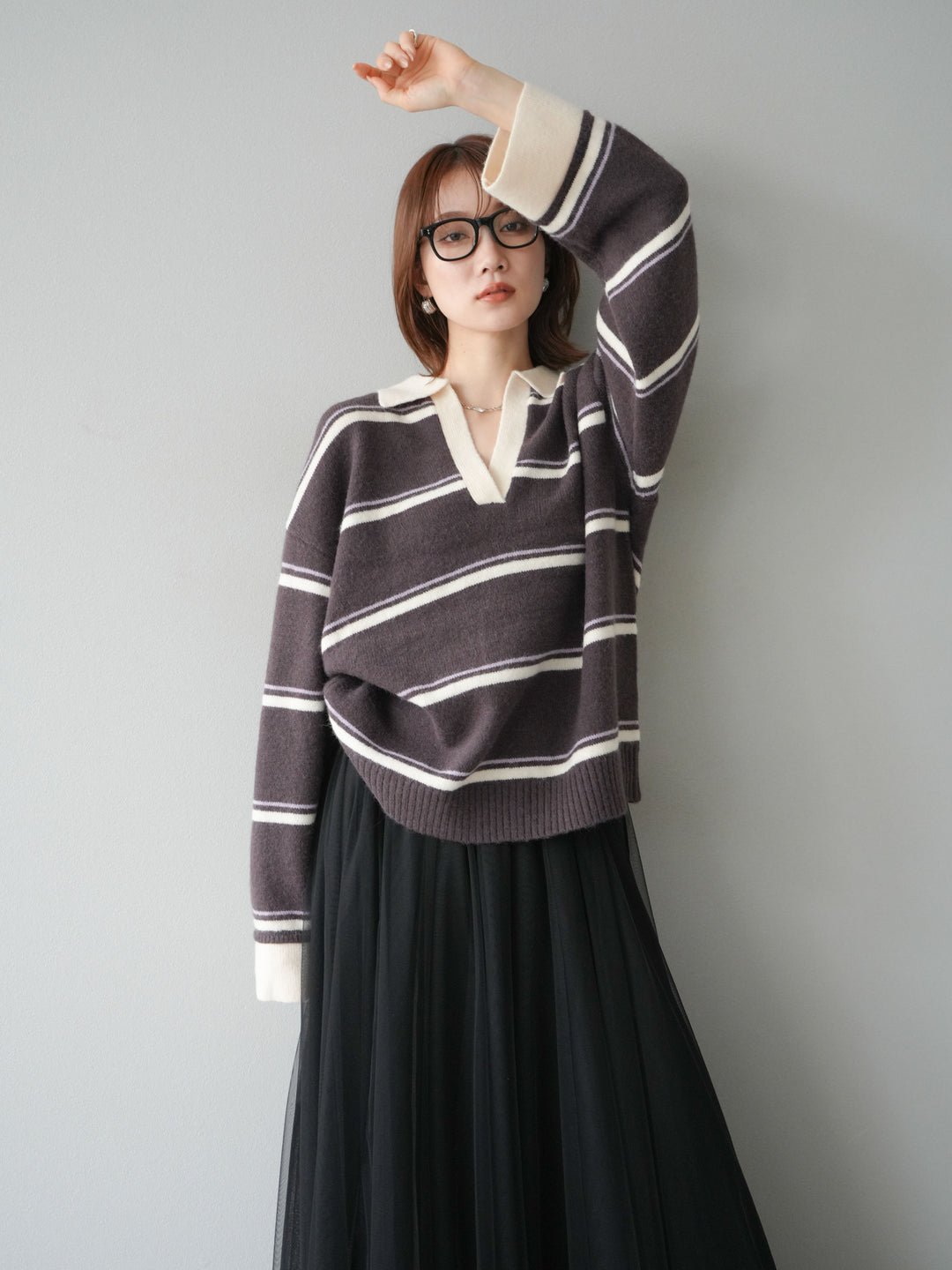 [SET]ポロ襟スキッパーボーダーニットプルオーバー+チュールボリュームスカート(2set)