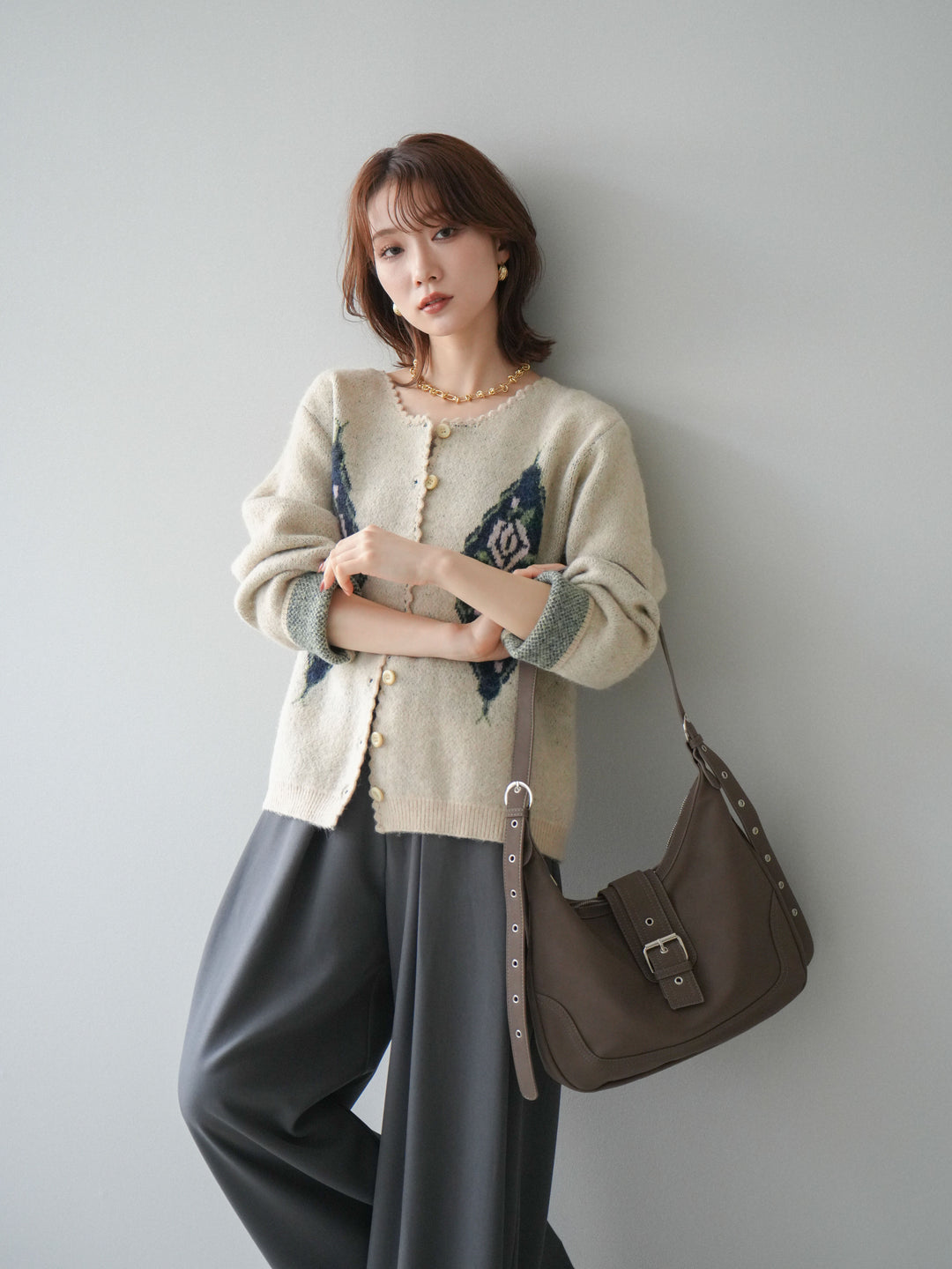 [予約]アンティークフラワージャガードニットカーディガン/ivory