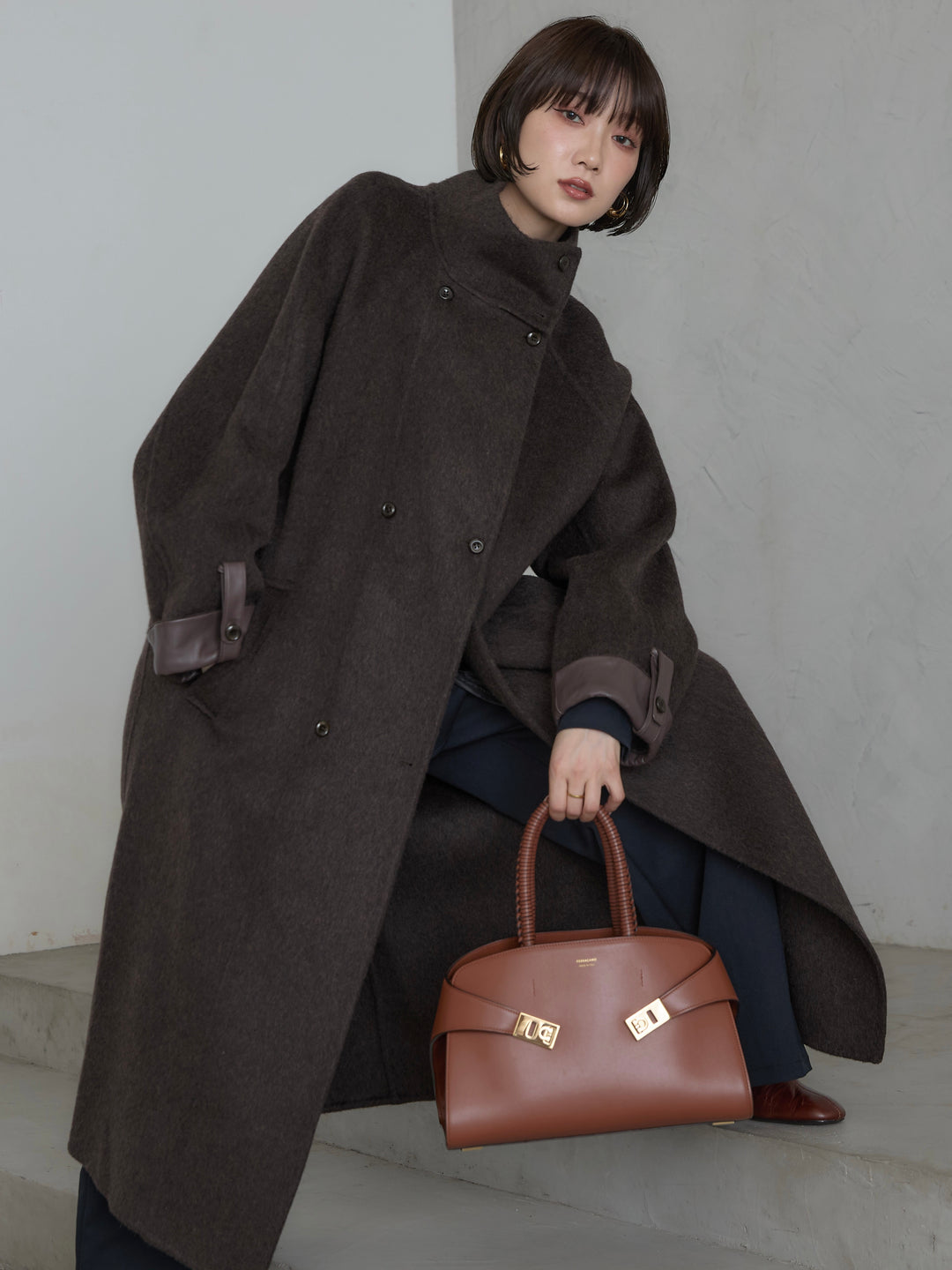 [予約]レザー切替ウールロングコート/darkbrown