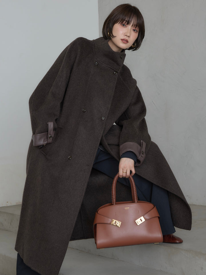 [予約]レザー切替ウールロングコート/darkbrown