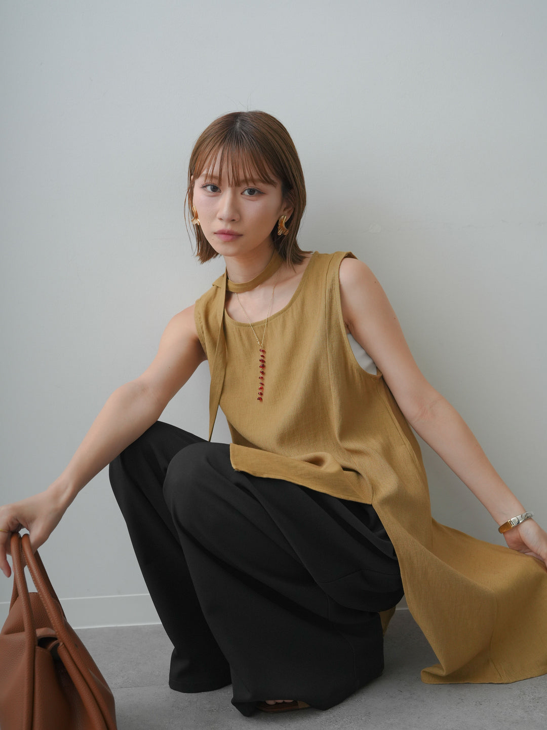 [SET]タイ付アシメヘムノースリトップス+ベルトループデザインワイドパンツ(2set)