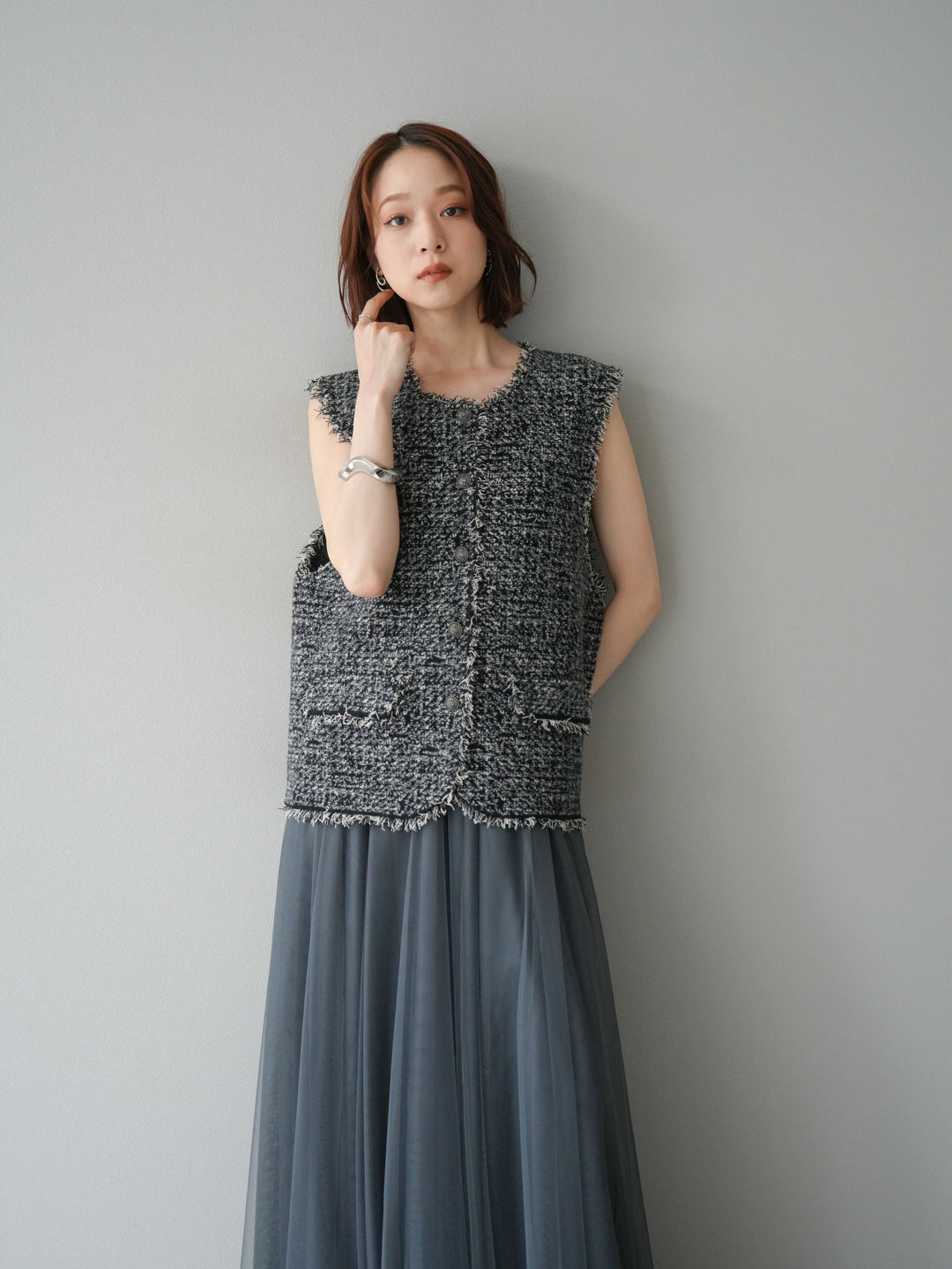 [予約]ミックスツイードフリンジニットベスト/ブラック