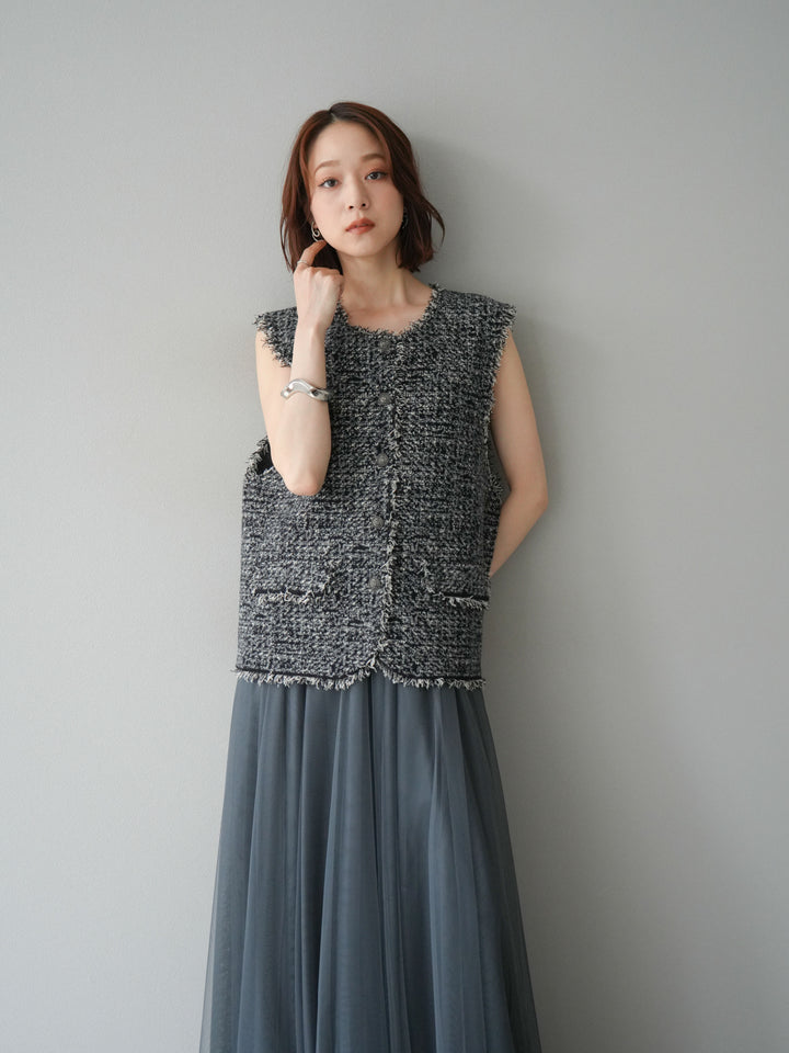 [予約]ミックスツイードフリンジニットベスト/ブラック