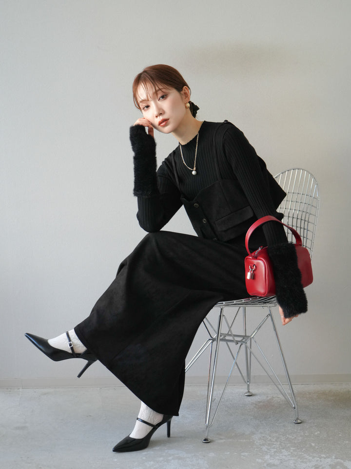 [SET]スウェードビスチェ+アームシャギーランダムリブニットトップス+スウェードIラインスカート(3set)