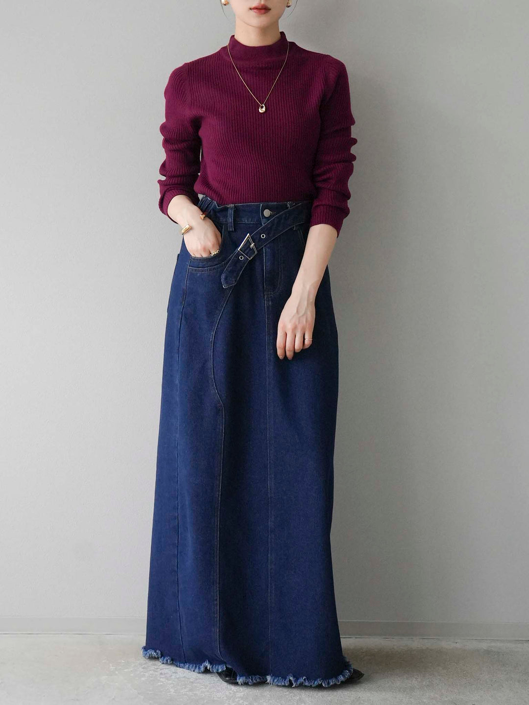 [預訂] 瓶頸式羅紋針織上衣/酒紅色